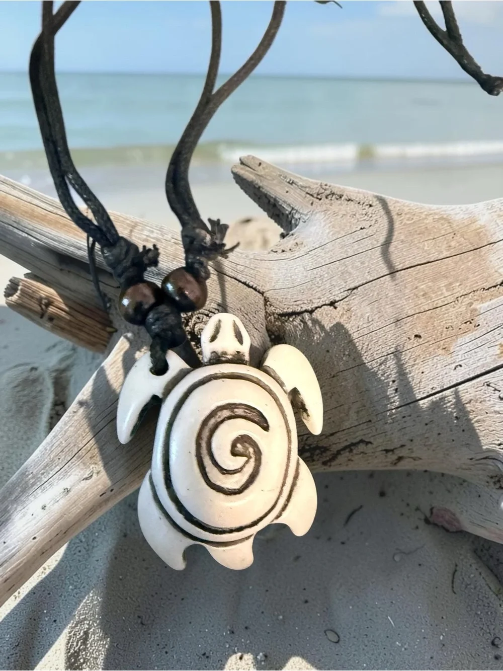 Handmade Turtle Pendant Necklace in Black Cord - Beach Boho Jewelry